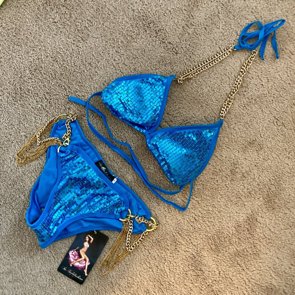 NEW blue sequin gold chain bikini set size small